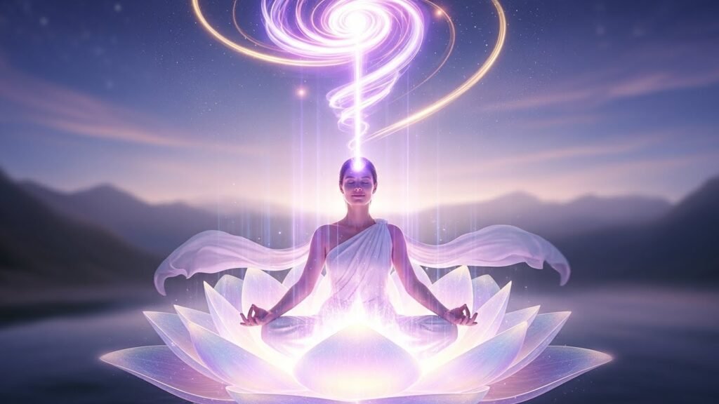 Crown chakra balance and alignment creates divine connection improving energy through universal oneness consciousness dissolving separation illusion permanently