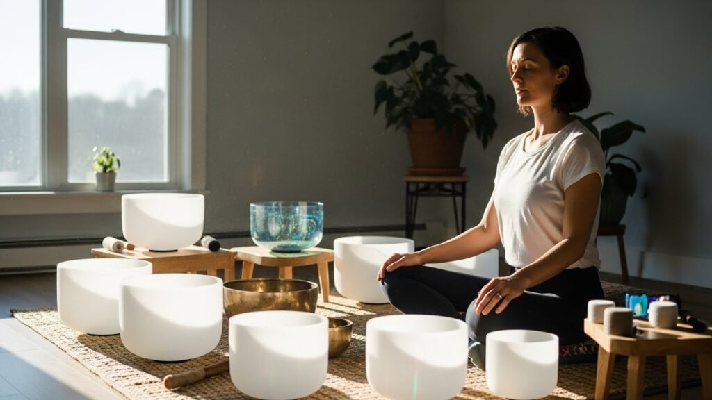 Crystal bowl meditation utilizes frequency and vibration wellness method quartz crystal resonance amplifying 4096Hz angelic frequencies penetrating etheric layers deeply restoring harmonic alignment mathematically. 