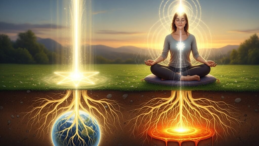 Earth star grounding anchors energy protection technique for empaths connecting 12th chakra below feet to planetary core creating vertical axis stabilizing multidimensional perception safely. 