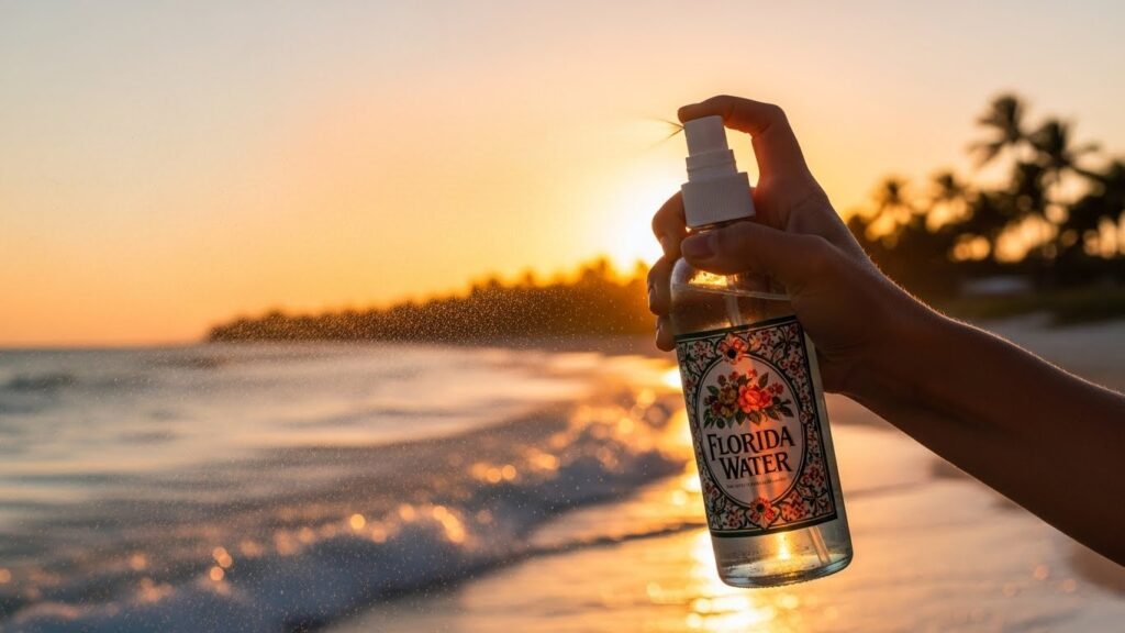 Florida water spritzing creates instant energetic protection energy cleansing practice combining 7 sacred herbs clearing/protecting simultaneously. 