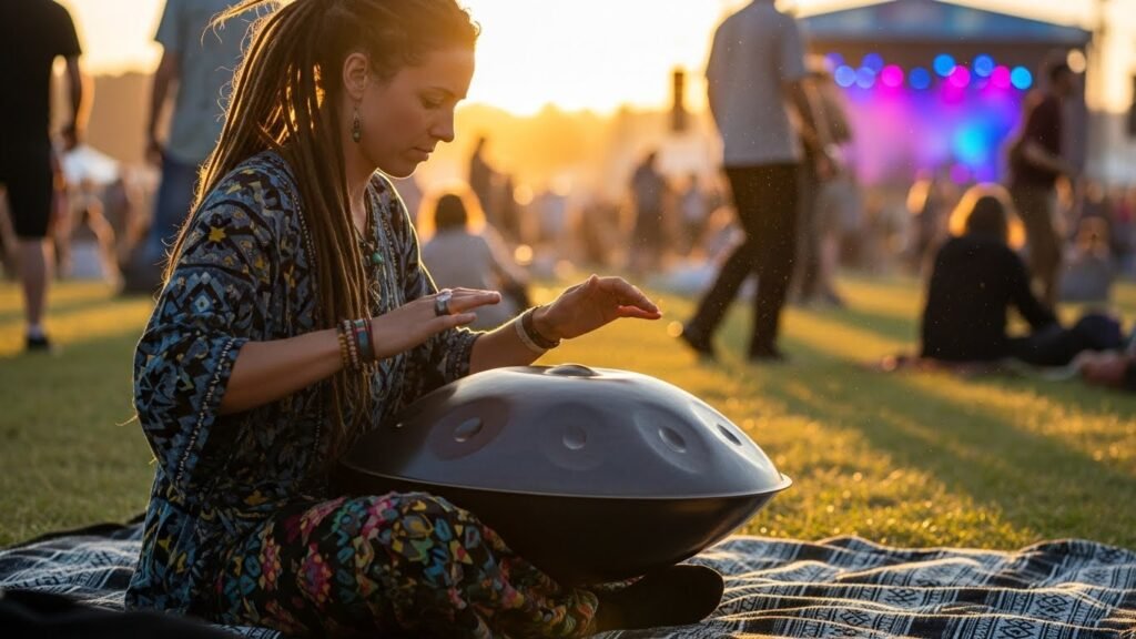 Hand pan drumming generates sacred geometry energy cleansing practice through steel tongue frequencies clearing multidimensional layers simultaneously. 