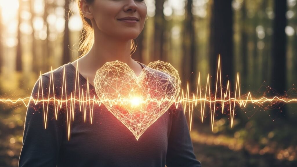 Heart coherence breathing synchronizes emotional energy healing step generating 0.1Hz resonance frequency calming entire nervous system instantly through heart-brain entrainment elegantly. 