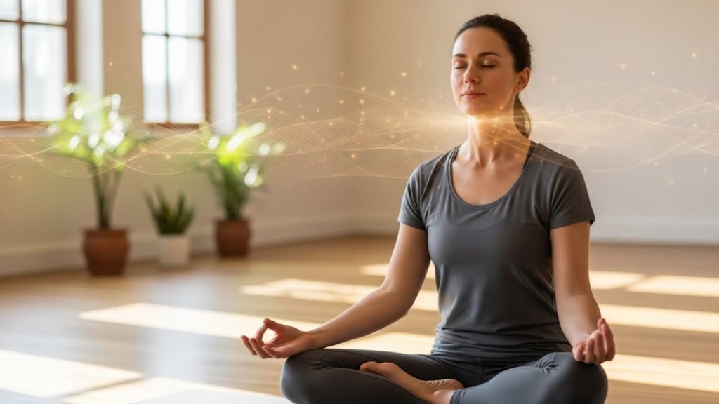 Humming breath practice generates frequency and vibration wellness method nitric oxide sinus boost through 136.1Hz heart chakra tone massaging vagus nerve calming entire nervous system instantly. 