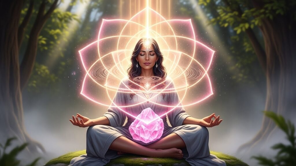Rose ray protection calls divine feminine energy protection technique for empaths enveloping field in 12-petaled pink-golden healing frequency dissolving trauma imprints, harsh energies instantly. 
