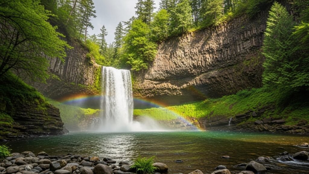 Waterfall visualization cascades aura health practice flushing all field layers simultaneously through elemental purification beyond physical contact cleansing.