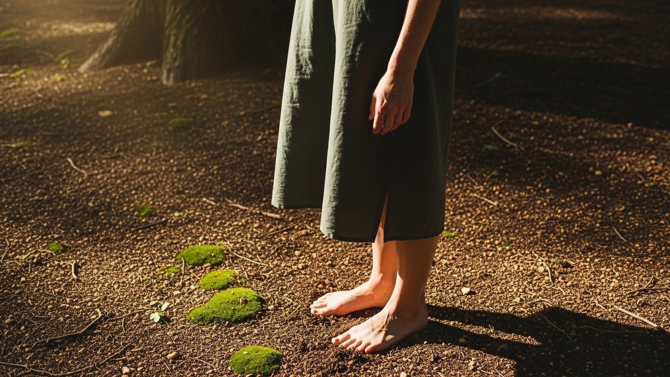 Person standing barefoot on natural earth, feeling grounded and calm, symbolizing grounding and earth connection for emotional and energetic balance.