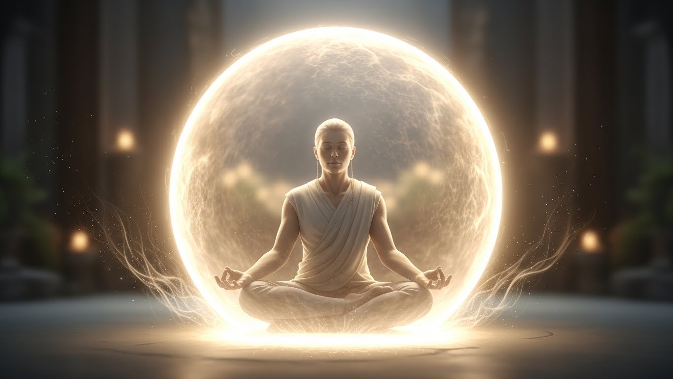 Calm, protected figure surrounded by a soft luminous energy shield, representing powerful energy protection techniques and emotional safety.